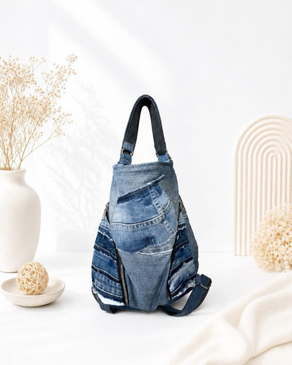 Unique upcycled denim bag can wear as a backpack or as a shoulder bag - available in Cuty New Zealand