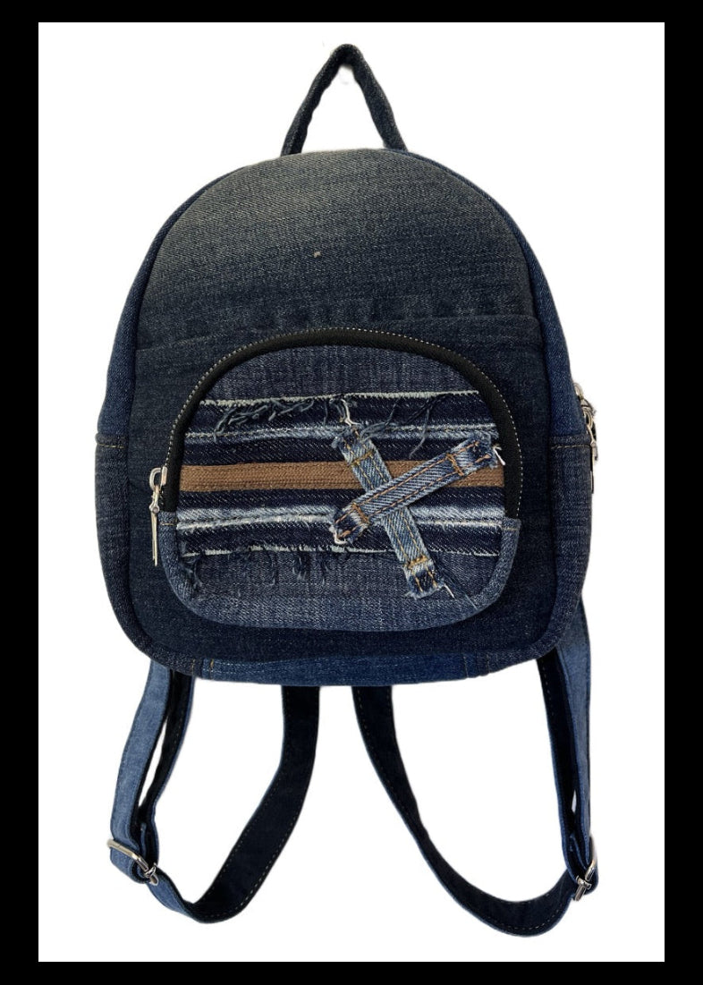 One-of-a-kind mini backpack made from upcycled denim in dark color - Unisex backpack