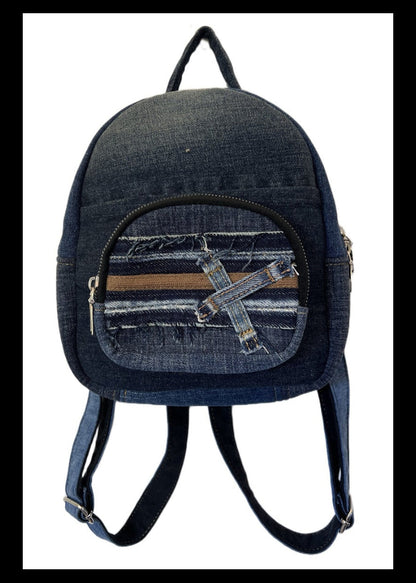 One-of-a-kind mini backpack made from upcycled denim in dark color - Unisex backpack