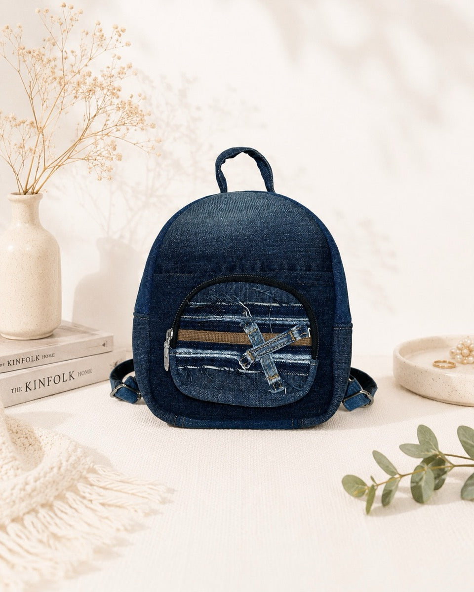 Unique mini upcycled denim backpack in dark color - available online in New Zealand
