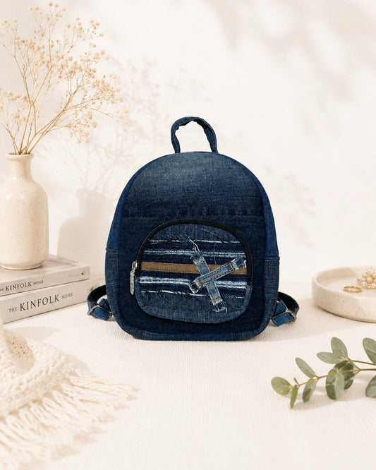 Unique mini upcycled denim backpack in dark color - available online in New Zealand