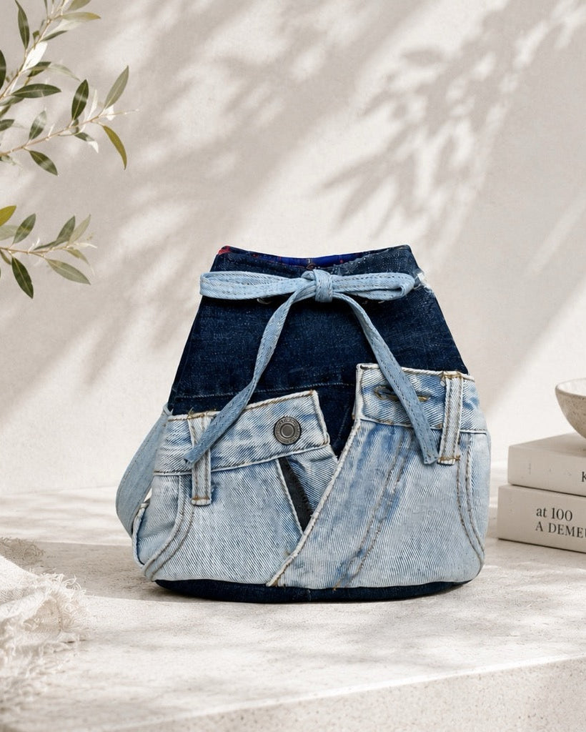 Upcycled denim bucket bag, features 2 straps, 1 short strap and 1 long adjustable allows to wear as shoulder bag or crossbody bag