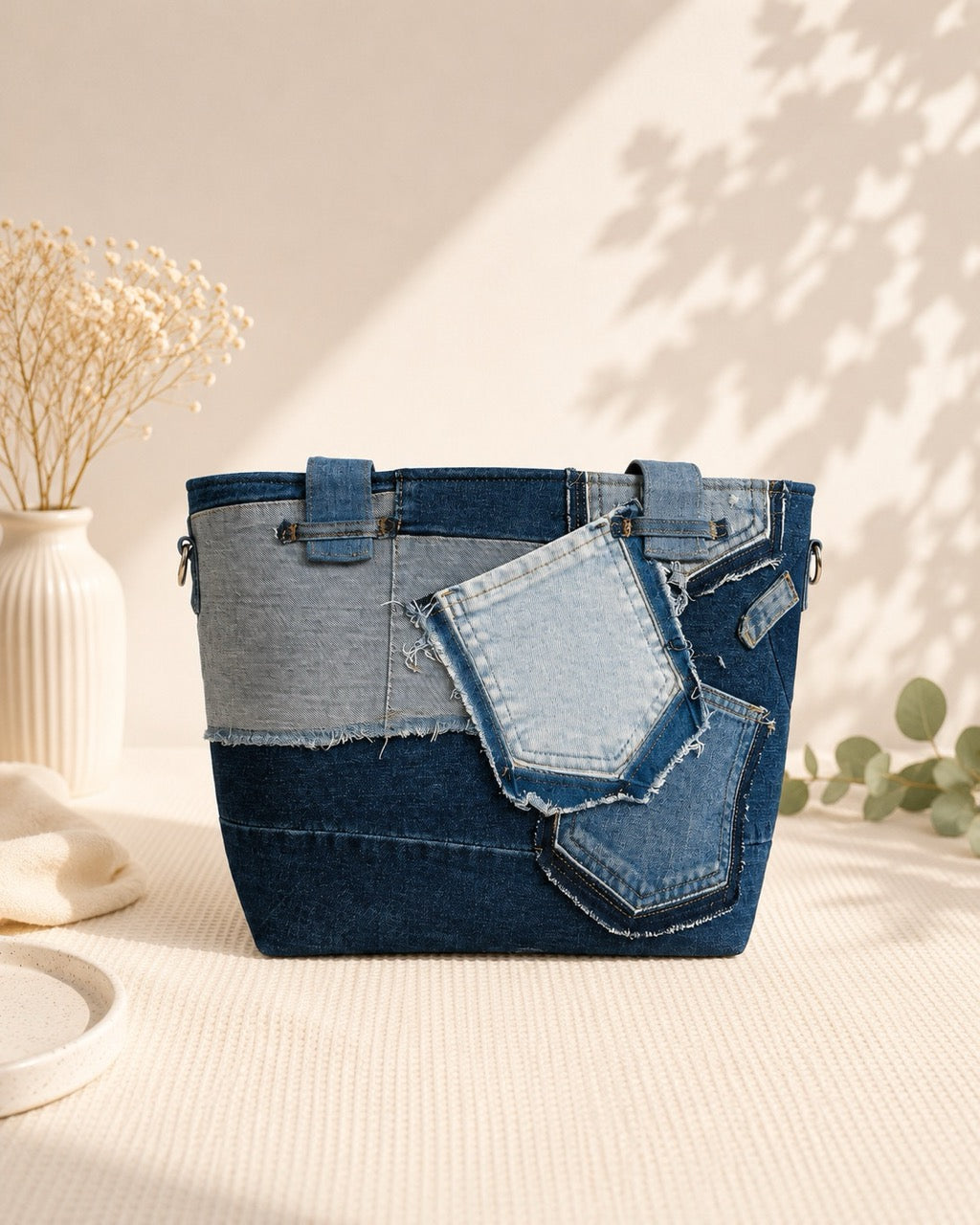 Unique denim bag with long, detachable and adjustable strap allows to wear as a shoulder bag or a crossbody bag
