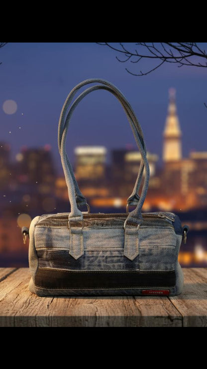 Upcycled denim barrel bag for women Auckland