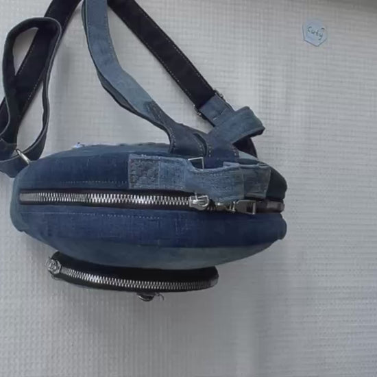 Handmade upcycled denim mini backpack NZ - unisex backpack