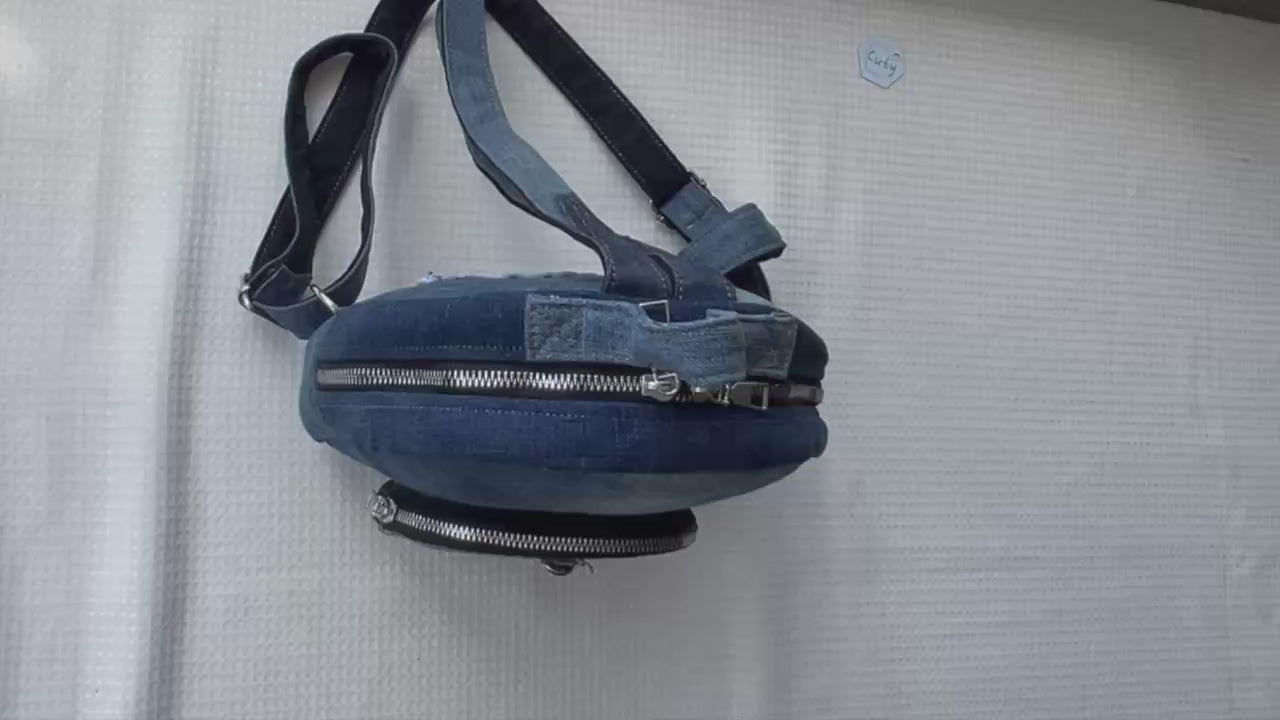 Handmade upcycled denim mini backpack NZ - unisex backpack