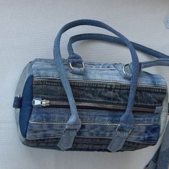 Upcycled denim barrel bag NZ
