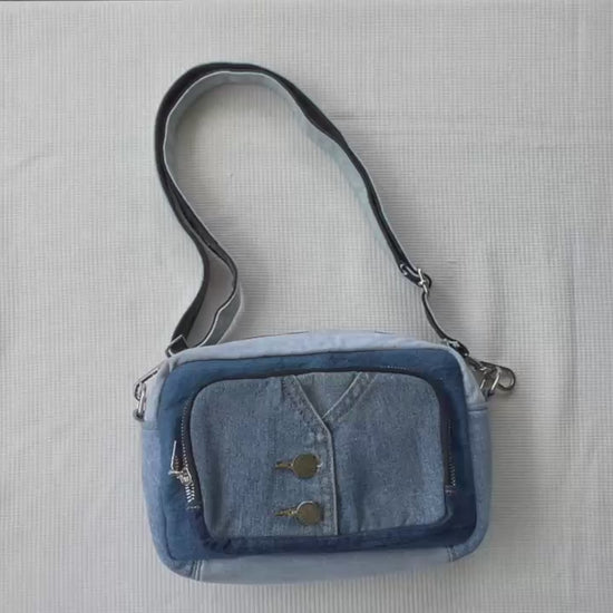 One-of-a-kind handmade upcycled denim rectangular crossbody bag 5C NZ