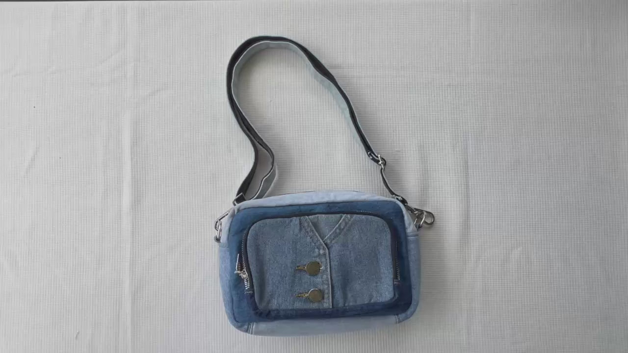 One-of-a-kind handmade upcycled denim rectangular crossbody bag 5C NZ