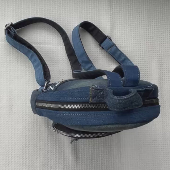 One-of-a-kind mini backpack dark color made from denim - unisex backpack