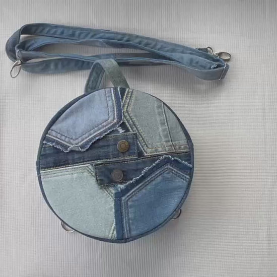 Upcycled denim drum bag can be wear as backpack crossbody bag or handbag