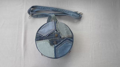 Upcycled denim drum bag can be wear as backpack crossbody bag or handbag