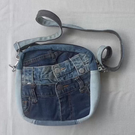 Handmade square crossbody bag unique upcycled denim bag - Online across NZ