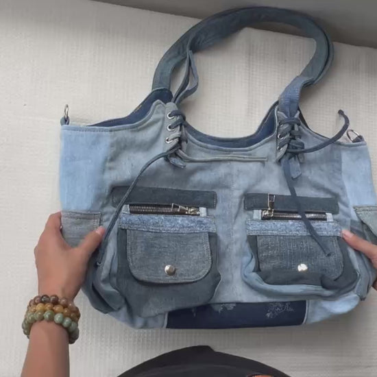 Upcycled denim shoulder bag online for ladies Auckland