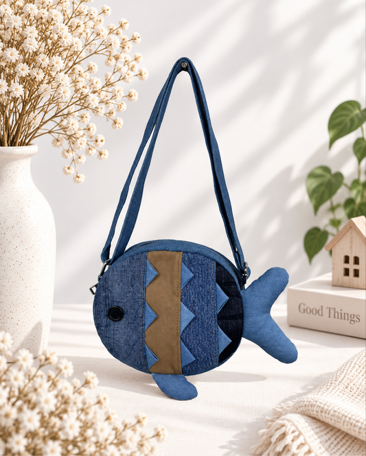 A fish-shaped crossbody bag made from blue denim and tan fabric patches